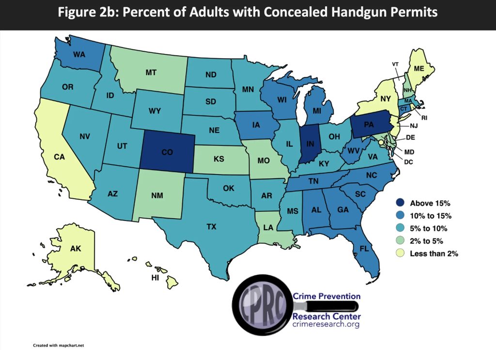 A U.S. map from the Crime Prevention Research Center showing the percentage of adults who are concealed carry permit holders in each state, with color-coded ranges from less than 2% to above 15%.