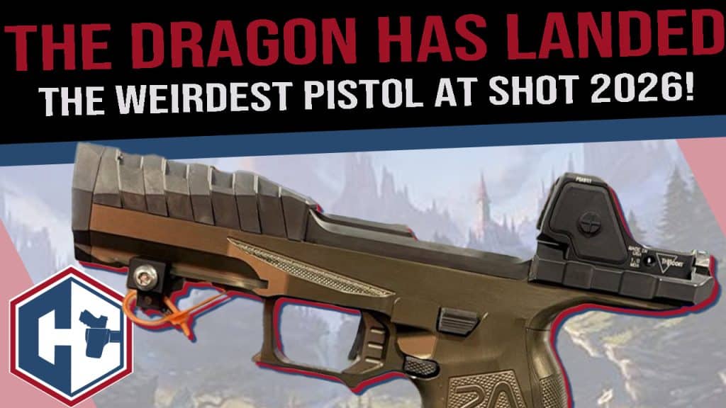Rideout Arsenal The Dragon pistol featuring a fixed optic, ultra-low bore axis, and futuristic modular design at SHOT Show 2026
