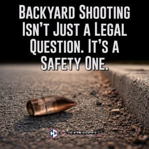 Spent bullet on a suburban street with text warning that backyard shooting is a safety issue
