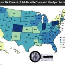 A U.S. map from the Crime Prevention Research Center showing the percentage of adults who are concealed carry permit holders in each state, with color-coded ranges from less than 2% to above 15%.