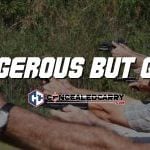 Concealed carry students aiming pistols during firearms training class with the words 'Dangerous But Good' overlayed across the image.