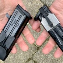 Both the SnagMag (left), and the Neo Mag (right) allow one to easily and comfortably carry a spare magazine in their pocket.