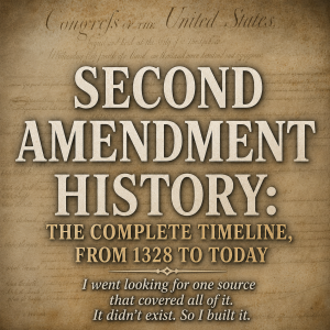 The English Bill of Rights of 1689 with the title "Second Amendment History: The Complete Timeline, From 1328 to Today."