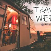 Travel Trailer Camping. RV Trip Theme. Evening in RV . Vintage Color Grading.